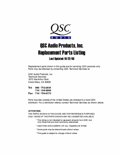 QSC All Amplifiers QSC Audio Products Replacement Parts Listing